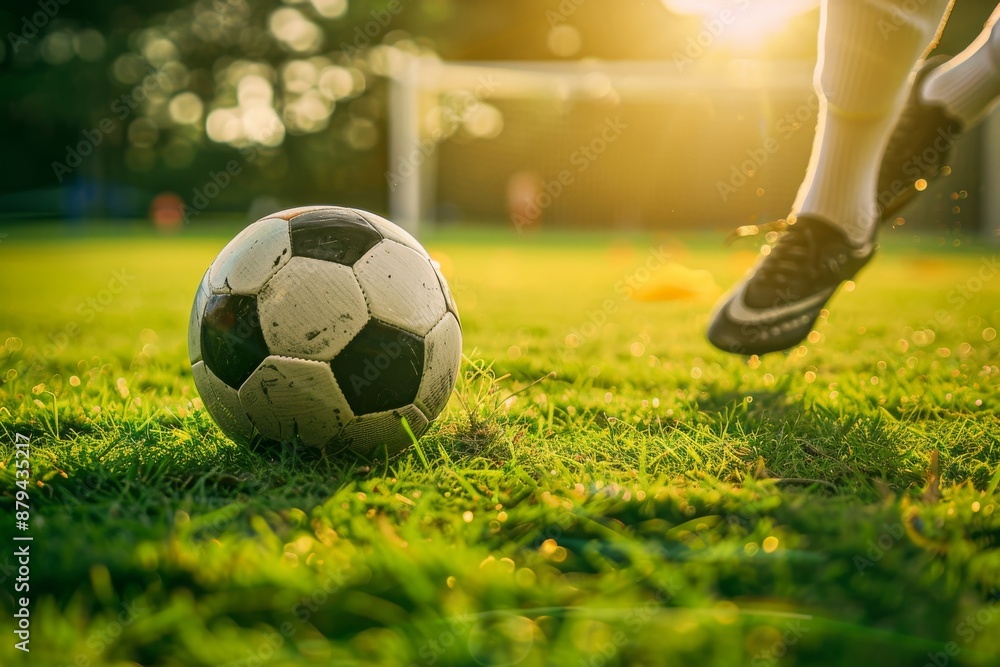 A soccer ball on a soccer field lies on the turf, close-up. Beautiful simple AI generated image in 4K, unique. A soccer ball on a soccer field lies on the turf, close-up. Beautiful simple AI generated image in 4K, unique.