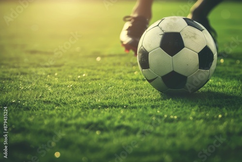 Close-up of a soccer player kicking the ball on a green field, emphasizing the action and intensity of the sport. . Beautiful simple AI generated image in 4K, unique.