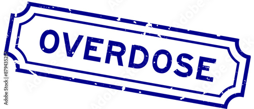 Grunge blue overdose word square rubber stamp on white background