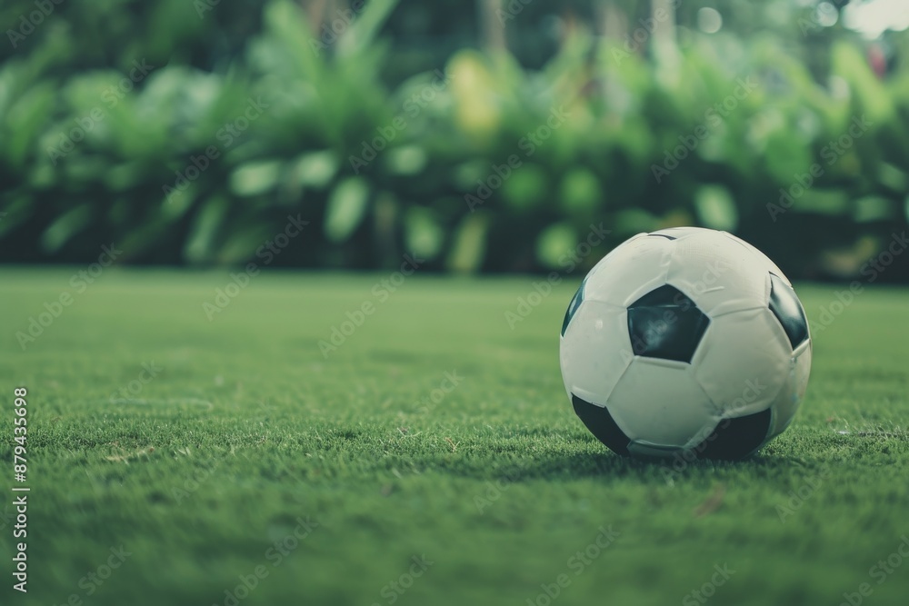 Obraz premium A soccer ball in a sports stadium in close-up during a game with football players on the field. Beautiful simple AI generated image in 4K, unique.