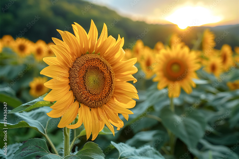 A Field of Sunflowers at Dusk. The Warm Embrace of Sunset