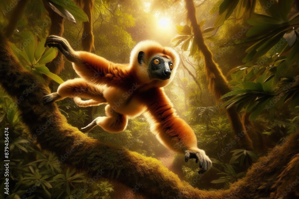 Obraz premium The crowned sifaka (Propithecus coronatus), an endangered and endemic animal, gracefully leaps among the branches of its natural forest habitat in Madagascar.