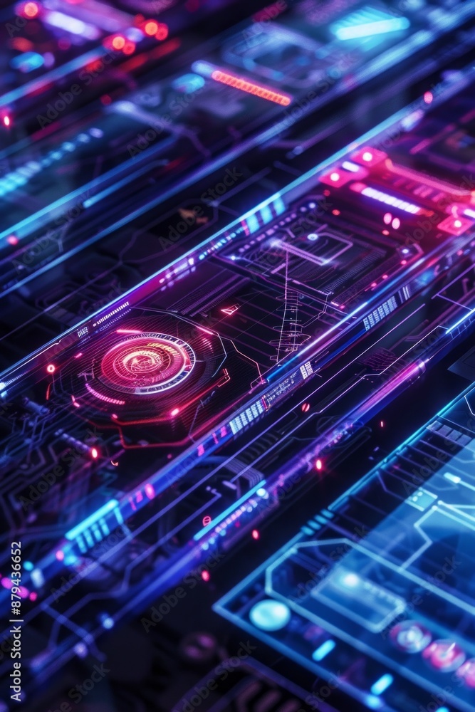 A sleek, transparent interface with floating holographic screens and controls, rendered in shades of blue and purple, with glowing accents A sleek, transparent interface with floating holographic screens and controls, rendered in shades of blue and purple, with glowing accents