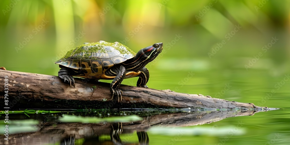 Obraz premium A curious snapping turtle perches on a log in a vibrant pond. Concept This photo would fit under the topics, Wildlife Photography, Aquatic Life, Nature Scenes