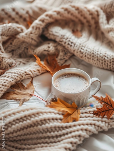 Cozy Autumn Vibes: Chai, Knit Sweater & Fallen Leaves Ambiance