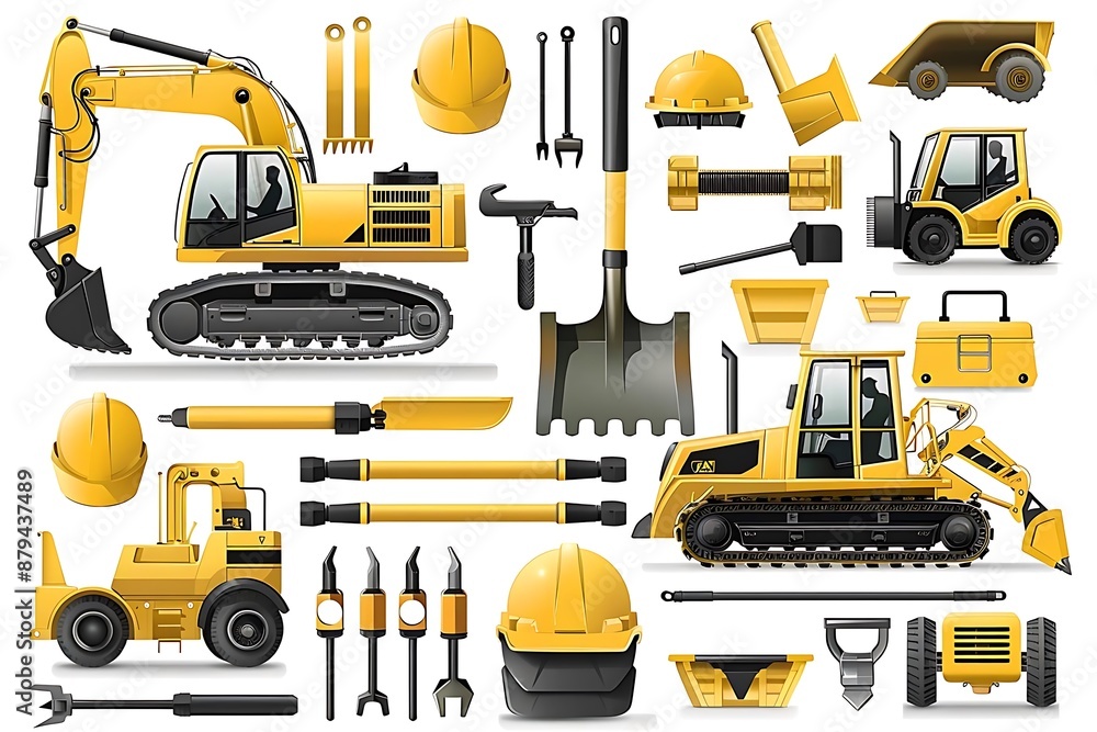 Illustration of Excavator, Bulldozer, and Construction Equipment Illustration of Excavator, Bulldozer, and Construction Equipment