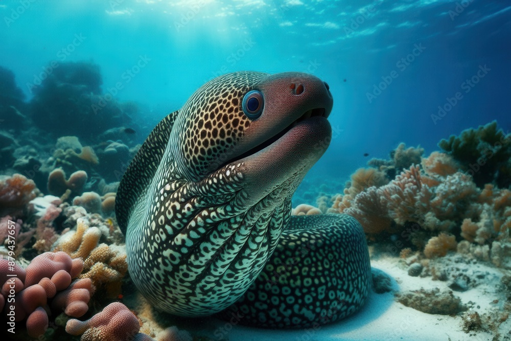 The undulated moray (Gymnothorax undulatus) underwater in the tropical waters of the indian ocean The undulated moray (Gymnothorax undulatus) underwater in the tropical waters of the indian ocean