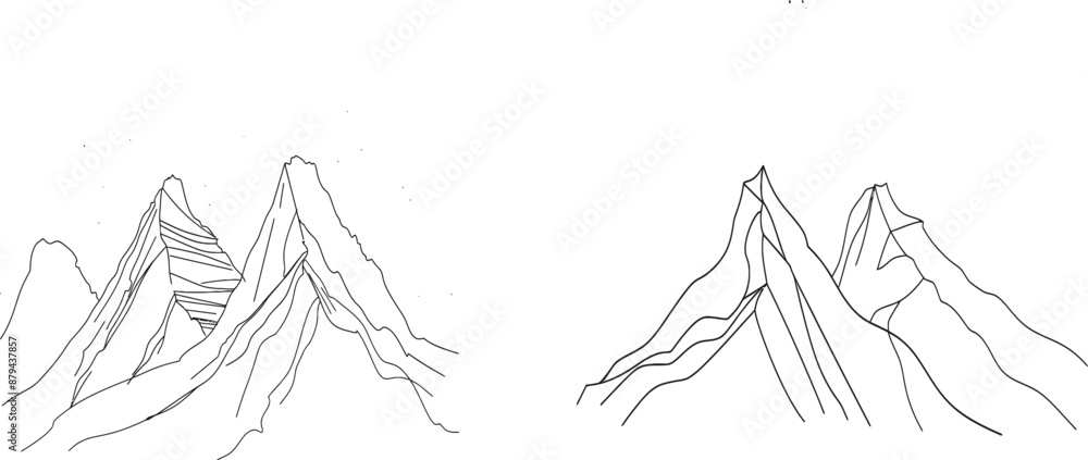Fototapeta premium Mountain range landscape in simple linear style. Rocky peaks with snow and mounts isolated on white background. Doodle modern illustration.