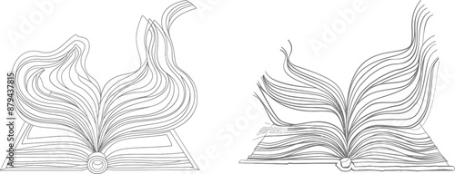 Ink drawing of an open book in continuous one-line form. Study and knowledge library concept. Illustration of a modern design.