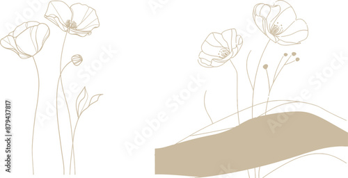 A smooth black line drawing of poppy flowers in a continuous line art style. Two flowers growing among grass. Minimalist black line drawing isolated on white background.