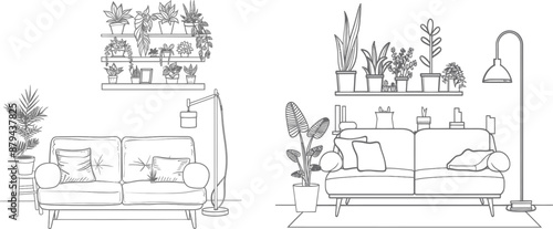 Modern Scandinavian furniture couch drawn in simple linear style with potted plants and floor lamp. Doodle modern illustration of a simple sofa and shelf.