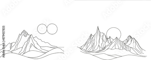 Drawing of a mountain range landscape. An illustration of mountain range top views in a simple linear style. An adventure winter sports concept isolated on a white background. Doodle modern