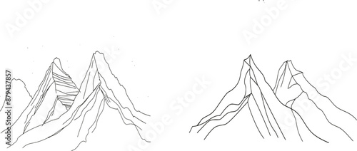 Mountain range landscape in simple linear style. Rocky peaks with snow and mounts isolated on white background. Doodle modern illustration.