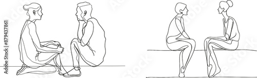 An interview with recruiter and candidate is portrayed in this simple one line design composition. Continuous line drawing of two women conversing at a table.
