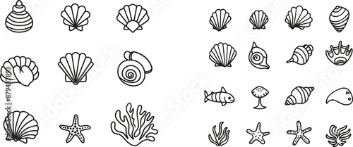 Modern minimalist outline icon featuring oyster mollusks, pearl corrals, and snail shells doodled in simple linear style.