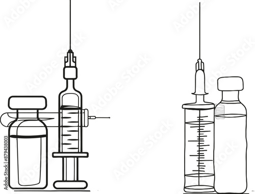 The picture shows a medicine set with a syringe and vial. Pharmaceutical components and vaccination symbol in a simple line style with editable strokes. Modern illustration of doodle contours.