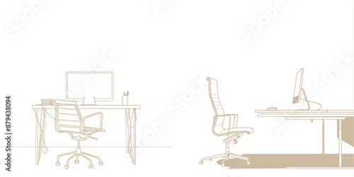 In one continuous line drawing, you will find the desk and chair for any office room interior in the simple linear style. The strokes are editable. Doodle outline modern illustration.