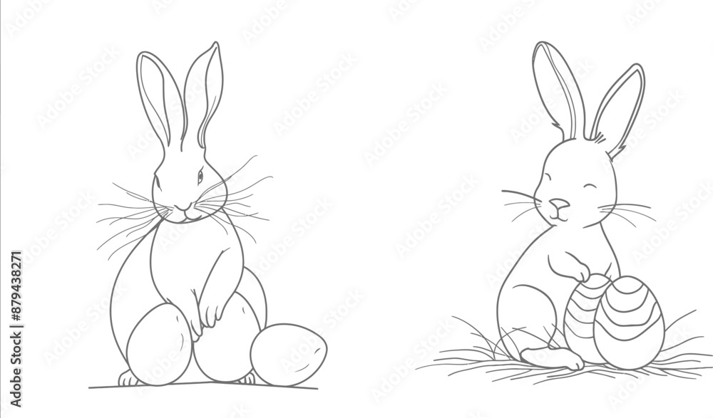 The Easter eggs and rabbit are drawn in a continuous line with a simple linear style. Editable stroke. Doodle modern illustration. The Easter eggs and rabbit are drawn in a continuous line with a simple linear style. Editable stroke. Doodle modern illustration.