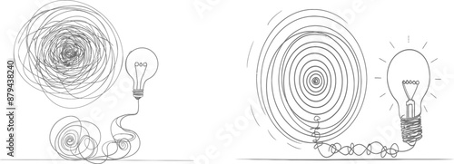 Continuous linear drawing depicting the journey from chaos to simplicity and the lightbulb. Concept of problem solving and business solutions in simple linear style. Editable strokes. Modern