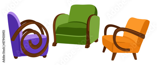 Vector set of three armchairs in art deco style isolated on white background.