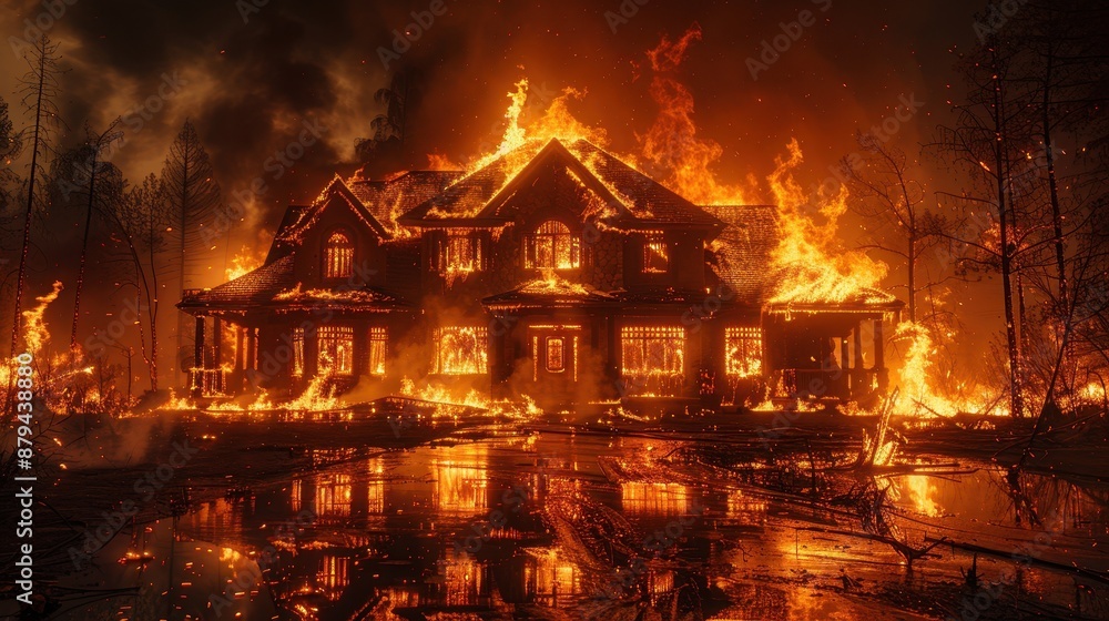 Naklejka premium A grand, two-story house fully ablaze with intense flames, casting an eerie glow across the night sky. The surrounding area is also on fire, creating a chaotic scene.