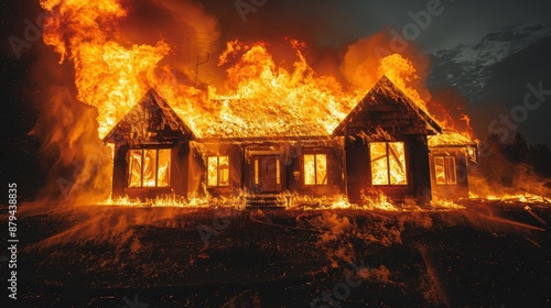 A single-story house completely engulfed in flames, spreading rapidly across the structure. The flames are bright and intense, capturing the destructive power of fire.