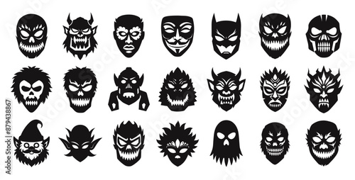 Vector set of masks for Halloween or masquerade, including zombies, animals, maniacs, monsters and others spooky and scary designs