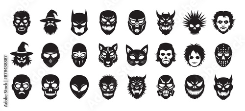 Vector set of masks for Halloween or masquerade, including zombies, animals, maniacs, monsters and others spooky and scary designs