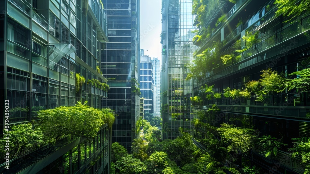 Modern cities embrace eco-friendly buildings, featuring glass facades and trees to minimize heat and carbon emissions, creating greener and healthier workspaces. Modern cities embrace eco-friendly buildings, featuring glass facades and trees to minimize heat and carbon emissions, creating greener and healthier workspaces.