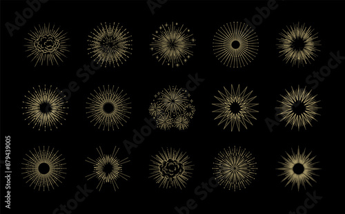 Vector set of sunburst, fireworks, blast, explosion, flash patterns, etc on a black background