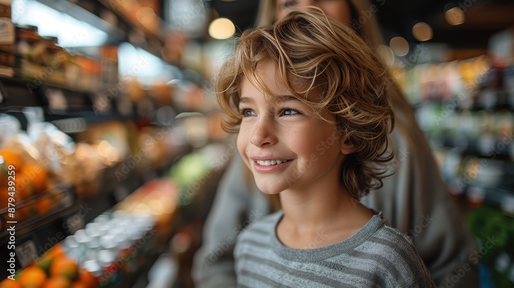 A young child with curly hair is smiling brightly while shopping in a grocery store. The background is filled with shelves stocked with various items, creating a joyful shopping atmosphere. A young child with curly hair is smiling brightly while shopping in a grocery store. The background is filled with shelves stocked with various items, creating a joyful shopping atmosphere.