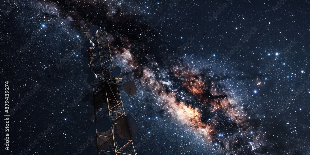 Obraz premium Telecommunication tower cellular. telecommunication equipment with radio modules and media antennas mounted tower against a night sky full of stars city on the horizon and gorgeous Milky Way