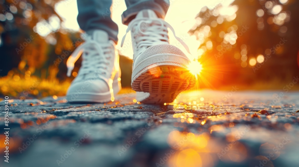 Close-up view of feet clad in cozy sneakers, stepping confidently towards a sunlit garden path Close-up view of feet clad in cozy sneakers, stepping confidently towards a sunlit garden path