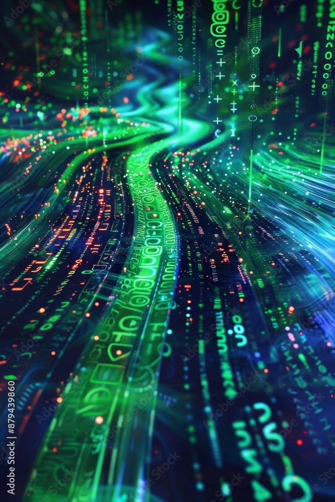 A stream of binary code flowing like a river, with digits and symbols in vibrant colors, cascading through a futuristic, abstract landscape. A stream of binary code flowing like a river, with digits and symbols in vibrant colors, cascading through a futuristic, abstract landscape.