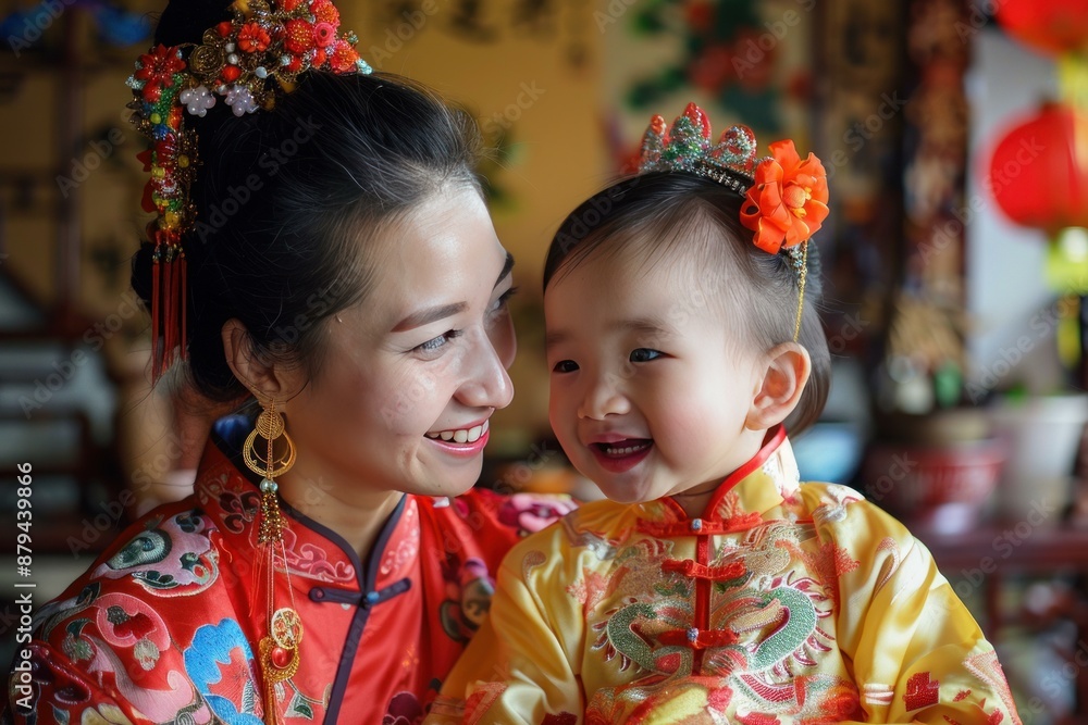Young chinese woman and her daughter wearing traditional chinese dresses are laughing together Young chinese woman and her daughter wearing traditional chinese dresses are laughing together