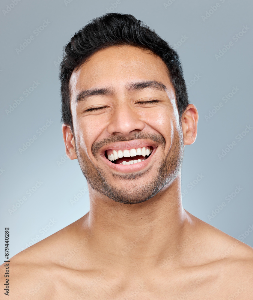 Man, smile and beauty studio for dental, happiness and confident for teeth whitening transformation or results. Eyes closed, Asian and male model on background for wellness, mouth care and hygiene Man, smile and beauty studio for dental, happiness and confident for teeth whitening transformation or results. Eyes closed, Asian and male model on background for wellness, mouth care and hygiene