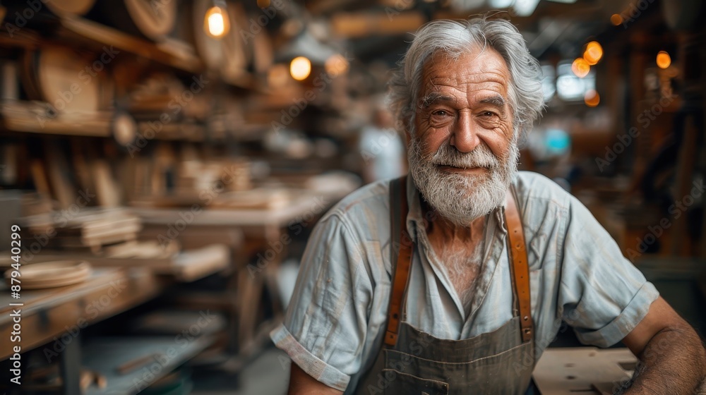 An elderly carpenter with a soft smile and gray hair stands proudly in his woodworking shop, sporting an apron and showcasing his dedication to his craft amidst wooden tools. An elderly carpenter with a soft smile and gray hair stands proudly in his woodworking shop, sporting an apron and showcasing his dedication to his craft amidst wooden tools.