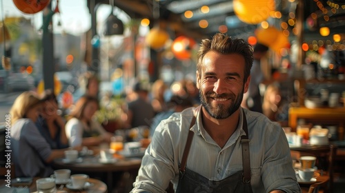 A cheerful barista with neat hair and a joyful smile performs his duties in a busy, sunny café with various customers, evoking a sense of sociability, warmth, and friendly service. photo