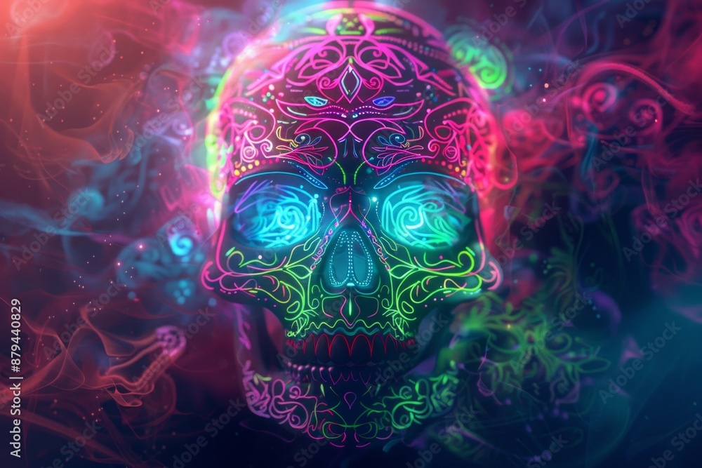A stylized skull with neon outlines and intricate designs in electric colors, set against a dark background. A stylized skull with neon outlines and intricate designs in electric colors, set against a dark background.