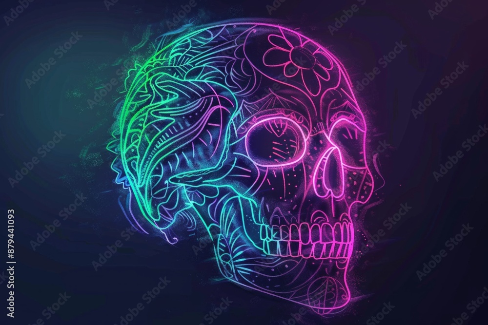 A stylized skull with neon outlines and intricate designs in electric colors, set against a dark background. A stylized skull with neon outlines and intricate designs in electric colors, set against a dark background.