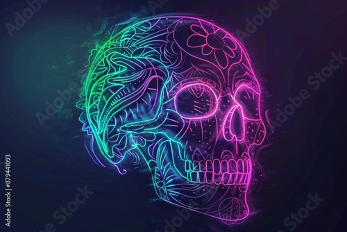 A stylized skull with neon outlines and intricate designs in electric colors, set against a dark background.  photo