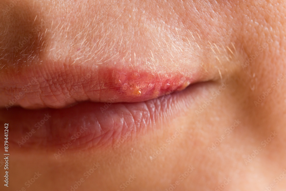 Herpes virus showing on lips of person experiencing an outbreak Herpes virus showing on lips of person experiencing an outbreak