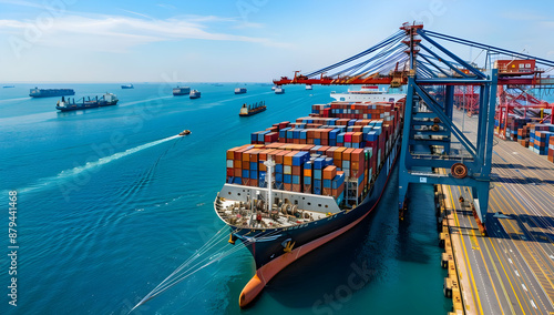 Aerial view of a bustling port with container ships docked and others navigating, showcasing global trade and maritime logistics.