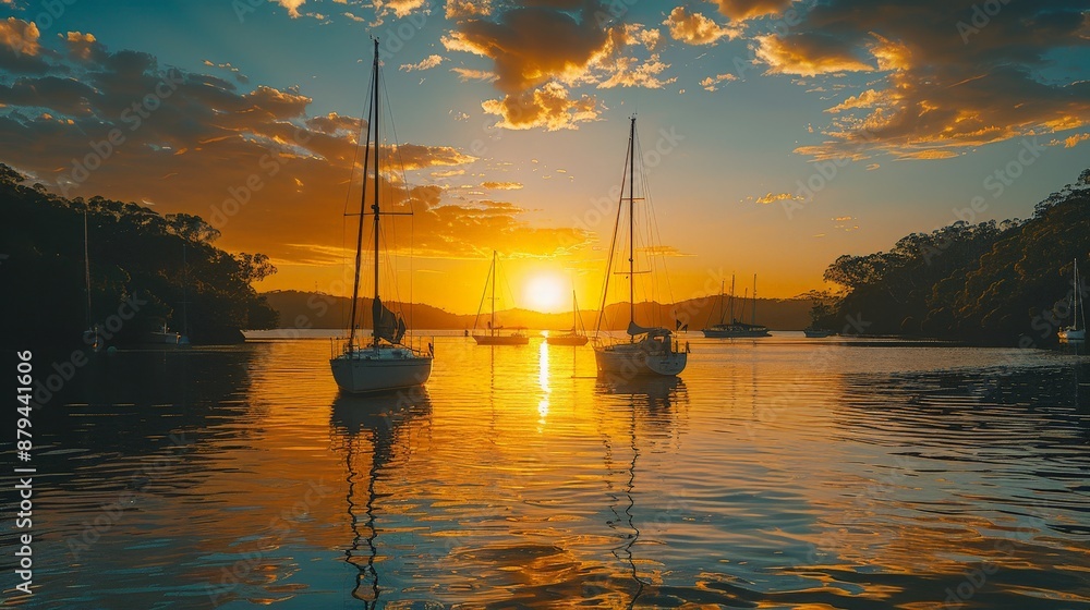 A picturesque sunset over a tranquil bay, sailboats gently bobbing in the water A picturesque sunset over a tranquil bay, sailboats gently bobbing in the water