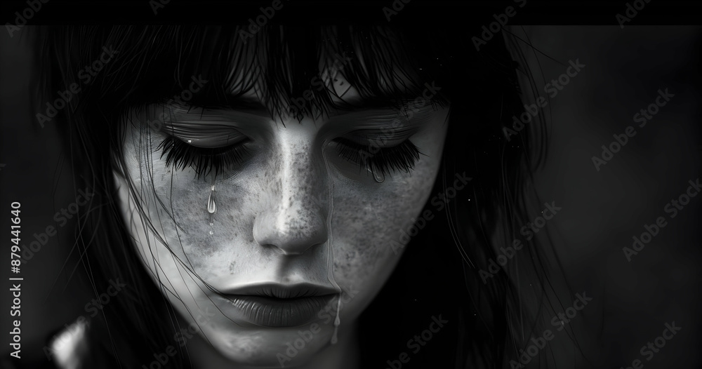Black and white close-up portrait of a woman with tears streaming down her face, capturing raw emotion and sadness. Black and white close-up portrait of a woman with tears streaming down her face, capturing raw emotion and sadness.