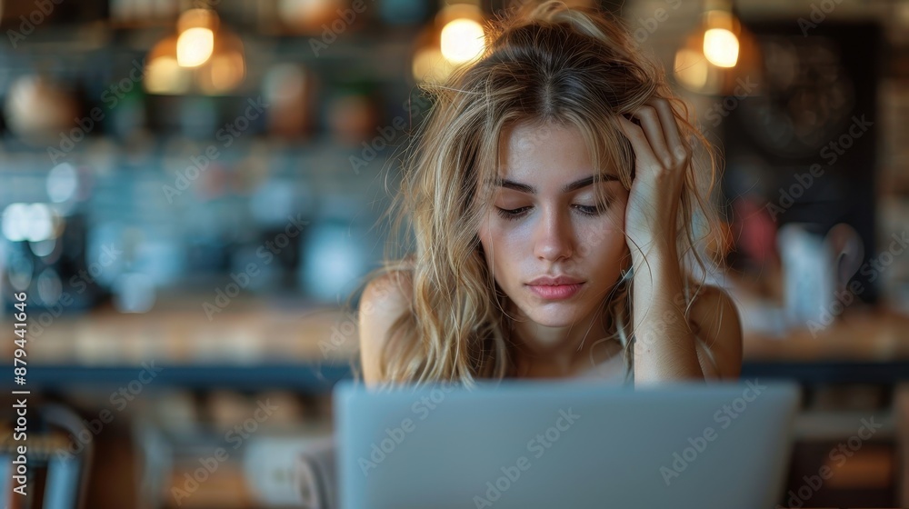 A young woman with messy hair looks stressed and tired as she works on her laptop in a cozy setting, symbolizing the hurdles of modern-day remote work and digital fatigue. A young woman with messy hair looks stressed and tired as she works on her laptop in a cozy setting, symbolizing the hurdles of modern-day remote work and digital fatigue.