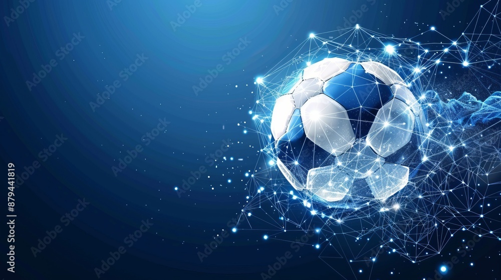 Naklejka premium A 3D digitally created soccer ball is represented in a network mesh with glowing points and lines, set against a striking deep blue background, showcasing technology blending with sports.