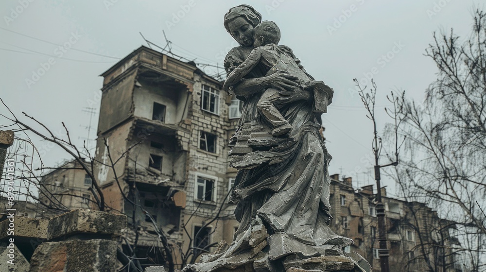 war concept Statue of a mother holding a child in a war-torn area, with ...