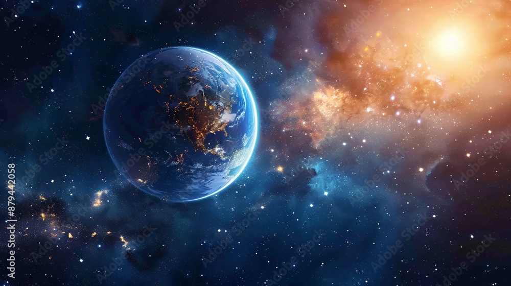 This image portrays Planet Earth illuminated by a bright sunlight, with a distant nebula glowing vibrantly, symbolizing the beauty of our planet within the vast and colorful cosmos. This image portrays Planet Earth illuminated by a bright sunlight, with a distant nebula glowing vibrantly, symbolizing the beauty of our planet within the vast and colorful cosmos.