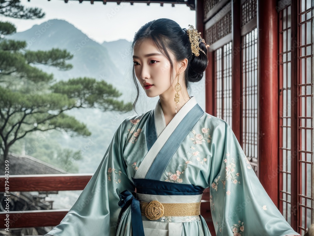 Fototapeta premium Hanfu's Allure: Timeless elegance - women captivate in the graceful drapes of traditional Hanfu dress. generative AI